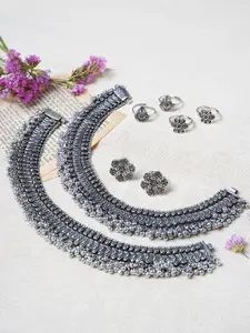 TEEJH Set Of 2 Silver-Plated Anklets & Set Of 6 Silver-Plated Toe-Rings