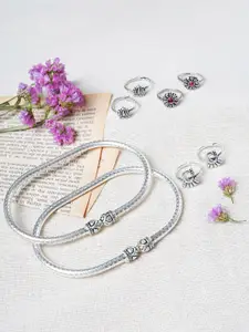 TEEJH Set Of 3 Silver-Plated Anklet & Toe Rings
