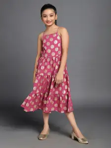 Aks Kids Girls Ethnic Motifs Printed Tiered Georgette A-Line Midi Dress