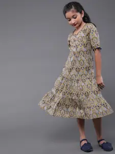 Aks Kids Girls Ethnic Motifs Printed Pom-Pom Detailed Cotton A-Line Dress