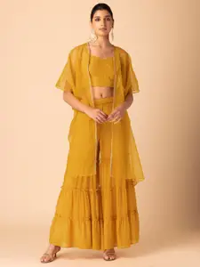 Rang by Indya Embellished With Strappy Top Tiered Sharara & Cape