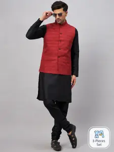 VASTRAMAY Mandarin Collar Straight Kurta With Churidar & Woven Design Nehru Jacket