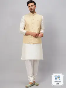 VASTRAMAY Mandarin Collar Straight Kurta With Churidar & Woven Design Nehru Jacket