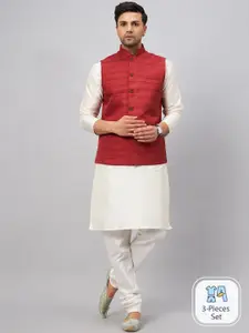 VASTRAMAY Mandarin Collar Straight Kurta With Churidar & Woven Design Nehru Jacket