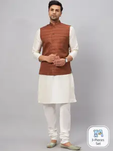 VASTRAMAY Men Band Collar Regular Kurta With Churidar & Nehru Jacket