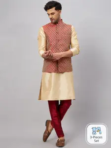 VASTRAMAY Mandarin Collar Straight Kurta With Churidar & Woven Design Nehru Jacket