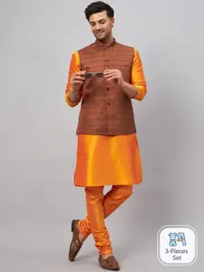 VASTRAMAY Mandarin Collar Straight Kurta With Churidar & Woven Design Nehru Jacket