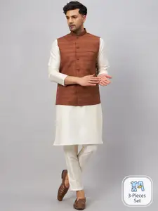 VASTRAMAY Mandarin Collar Straight Kurta With Churidar & Nehru Jacket