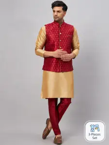 VASTRAMAY Mandarin Collar Kurta with Churidar & Nehru Jacket