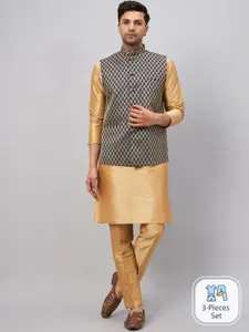VASTRAMAY Mandarin Collar Straight Kurta With Churidar & Woven Design Nehru Jacket