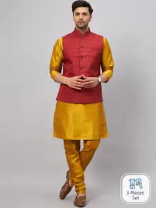 VASTRAMAY Mandarin Collar Straight Kurta With Churidar & Woven Design Nehru Jacket