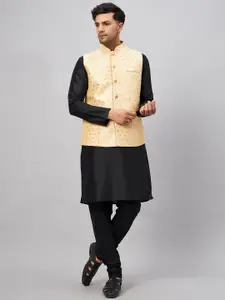 VASTRAMAY Mandarin Collar Straight Kurta With Churidar & Woven Design Nehru Jacket
