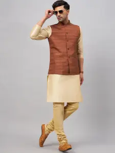 VASTRAMAY Mandarin Collar Straight Kurta With Churidar & Woven Design Nehru Jacket