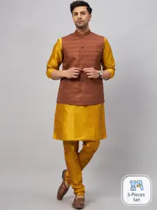 VASTRAMAY Mandarin Collar Straight Kurta With Churidar & Woven Design Nehru Jacket