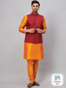 VASTRAMAY Mandarin Collar Straight Kurta With Churidar & Woven Design Nehru Jacket