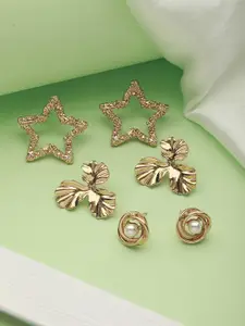 Jazz and Sizzle Set Of 3 Gold-Plated Star, Floral & Circular Shaped Studs