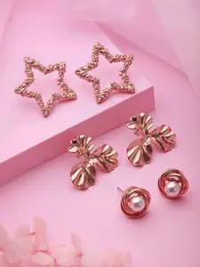 Jazz and Sizzle Set Of 3 Rose Gold-Plated Star, Floral & Circular Shaped Studs