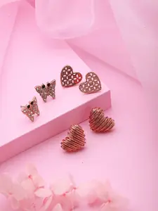 Jazz and Sizzle Set of 3 Rose Gold Heart Shaped Stud Earrings