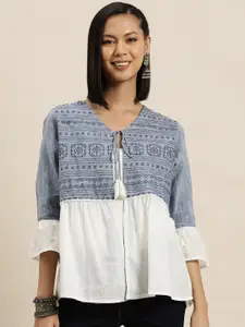 HERE&NOW Ethnic Embellished Pure Cotton Tie-Up Shrug