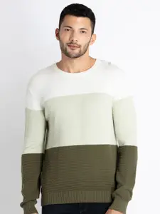 Status Quo Colourblocked Round Neck Long Sleeves Cotton Pullover Sweater