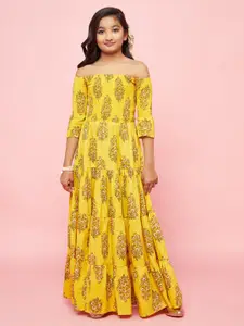 Aks Kids Girls Floral Printed Off-Shoulder Smocked & Tiered Cotton Maxi Dress
