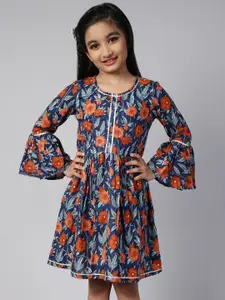 Aks Kids Girls Floral Printed Bell Sleeve Gathered Cotton Fit & Flare Dress