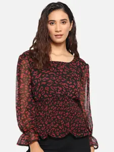 Trend Arrest Abstract Printed Puff Sleeves Smocked Cinched Waist Top