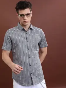 HIGHLANDER Grey Slim Fit Vertical Striped Spread Collar Cotton Casual Shirt