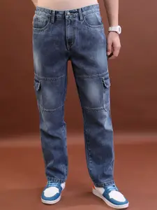 HIGHLANDER Men Straight Fit Mid-Rise Light Fade Medium Shade Clean Look Cargo Jeans