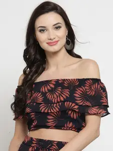 Sera Navy Blue Floral Print Off-Shoulder Layered Georgette Bardot Crop Top