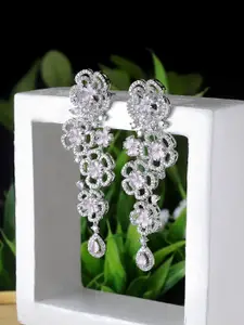 ZENEME Rhodium-Plated American Diamond studded Floral Drop Earrings