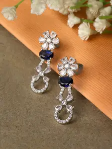 ZENEME Rhodium Plated Floral Shaped American Diamond Studded Drop Earrings