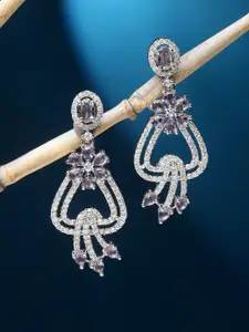 ZENEME Rhodium-Plated AD Studded Floral Drop Earrings