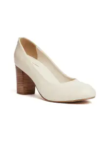 Peach Flores Striped Leather Block Heels with Buckles