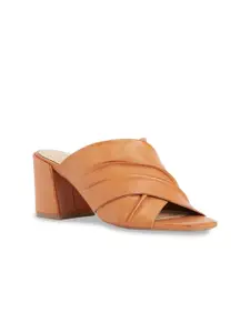 Peach Flores Textured Leather Block Heel Mules