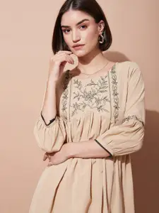DressBerry Beige Floral Embroidered Round Neck Puff Sleeve A-Line Dress