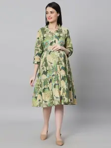 Aanyor Ethnic Motifs Printed Roll-Up Sleeves Pure Cotton Maternity Fit & Flare Dress