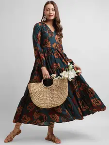 KALINI Floral Printed V-Neck Fit & Flare MIdi Tiered Ethnic Dress