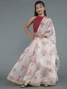 Aks Kids Girls Ethnic Motifs Printed Ready to Wear Organza Lehenga & Blouse With Dupatta