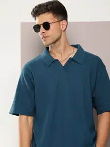 DILLINGER Men Waffle Structure Self Design Oversized Polo Collar T-shirt