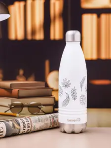 Servewell Indus Vacumm Sports White Printed Stainless Steel Water Bottle 750 ml
