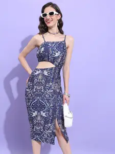 Tokyo Talkies Navy Blue & beige Floral Printed Cut-Outs Sheath Midi Dress
