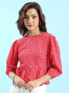 Tokyo Talkies Red Floral Printed Puff Sleeves Peplum Top
