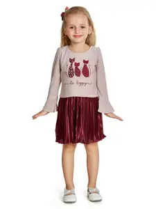Peppermint Girls Self Design Puffed Sleeves Embellished Fit & Flare Dress