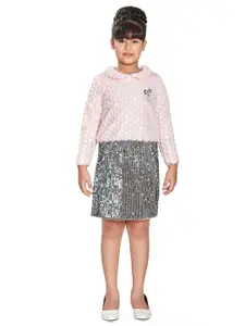 Peppermint Girls Embellished Shirt Collar Long Sleeve Squined A-Line Dress