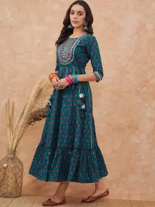 Sangria Ethnic Motifs Printed Pure Cotton Tie-Ups A-line Ethnic Midi Dress