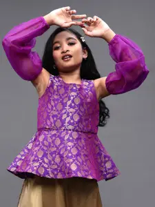 Aks Kids Girls Floral Woven Design Sleeveless Peplum Top With Organza Detachable Sleeves