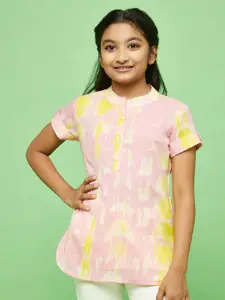 Aks Kids Girls Floral Printed Mandarin Collar Roll-Up Sleeves Cotton Top