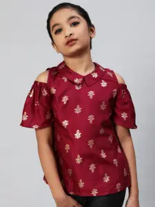Aks Kids Girls Ethnic Motifs Printed Shirt Collar Cold-Shoulder Shirt Style Top