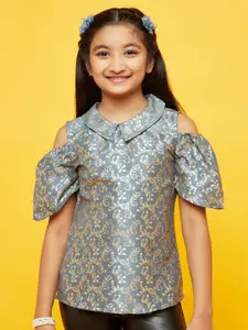Aks Kids Girls Floral Printed Shirt Collar Cold-Shoulder Shirt Style Top